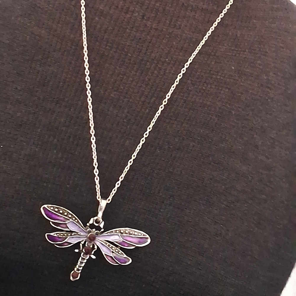 Silvertone and Purple Dragonfly Pendant Necklace - Picture 6 of 10